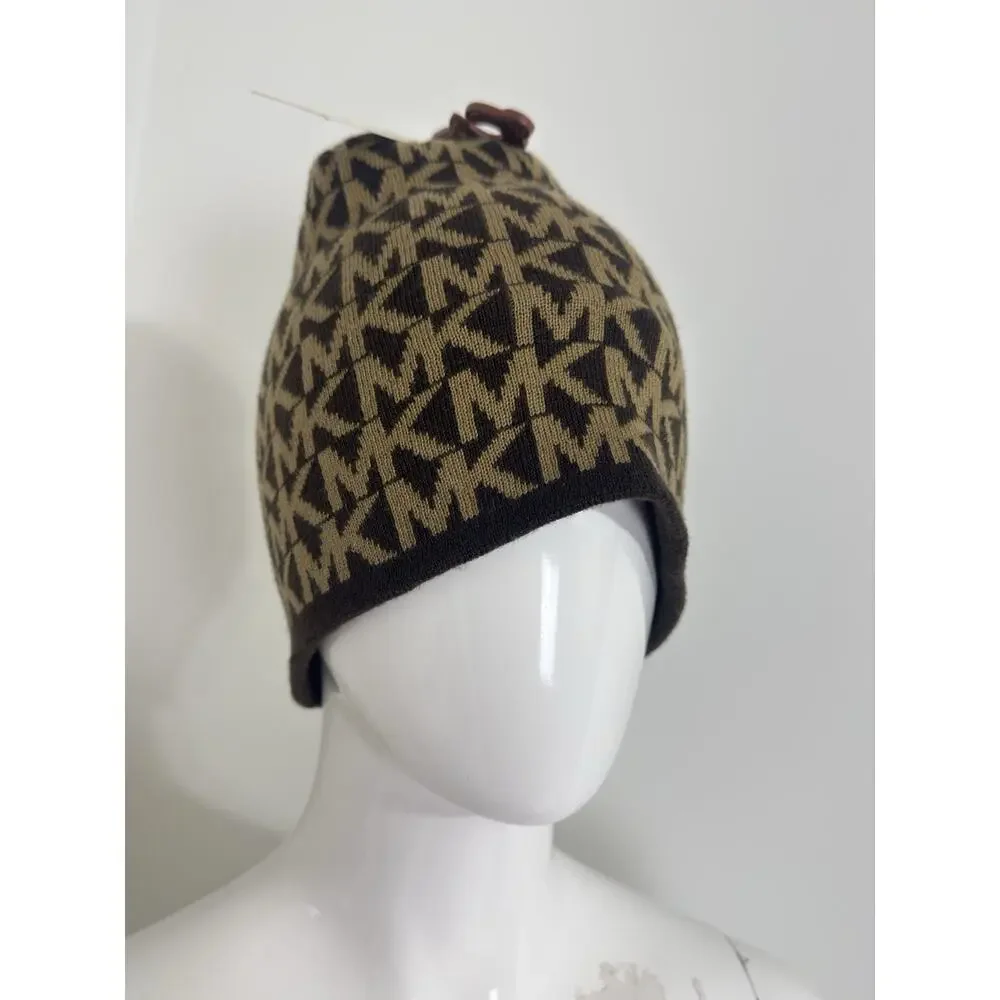 Michael Kors Women’s Brown Logo Jacquard Cuffed Beanie Winter Hat One Size NWT